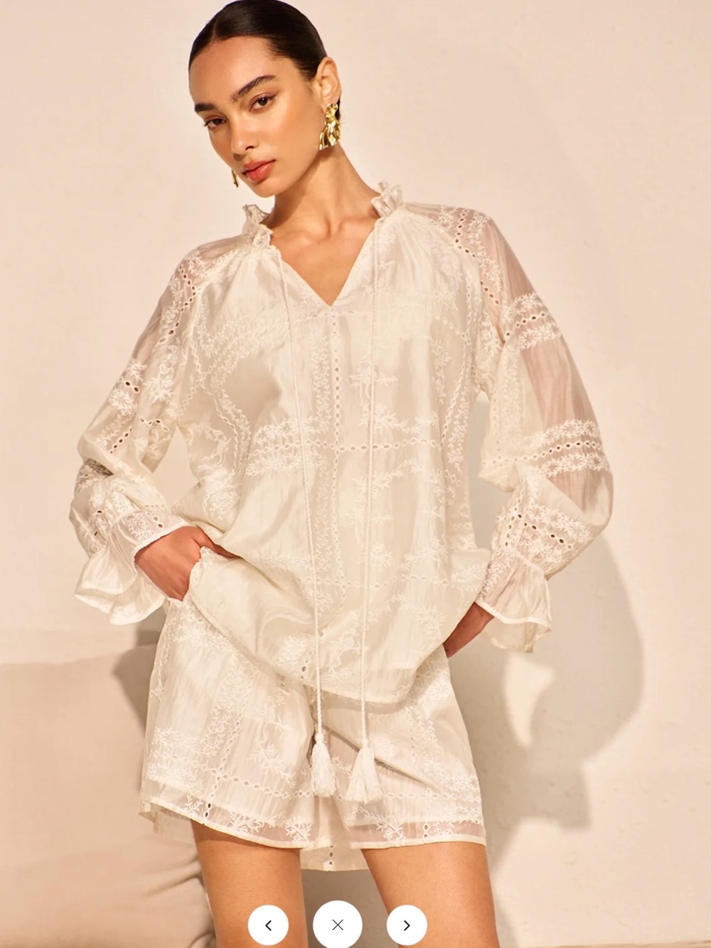 Commense Embroidery Detail Long Sleeve Shorts Set - Ivory - Small